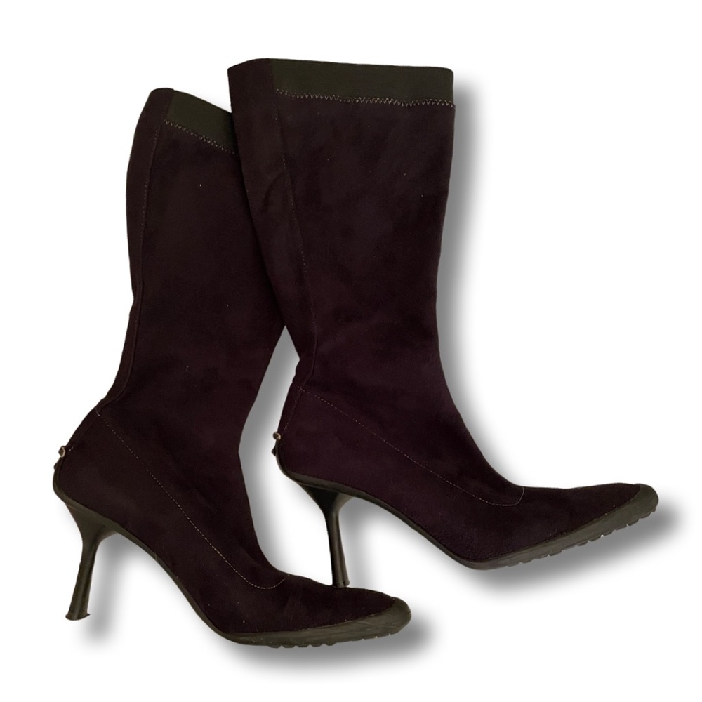 AK ANNE KLEIN SPORT • black faux suede all-weather heel booties